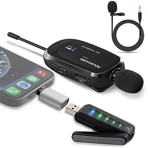 Wireless lavalier Microphone Compatible for iPhone & Computer -Alvoxcon USB Lapel Mic System for Android, PC, Laptop, Speaker, Podcast, Vlog, YouTube, Conference, Vocal Recording with Phone Adapter - Alvoxcon